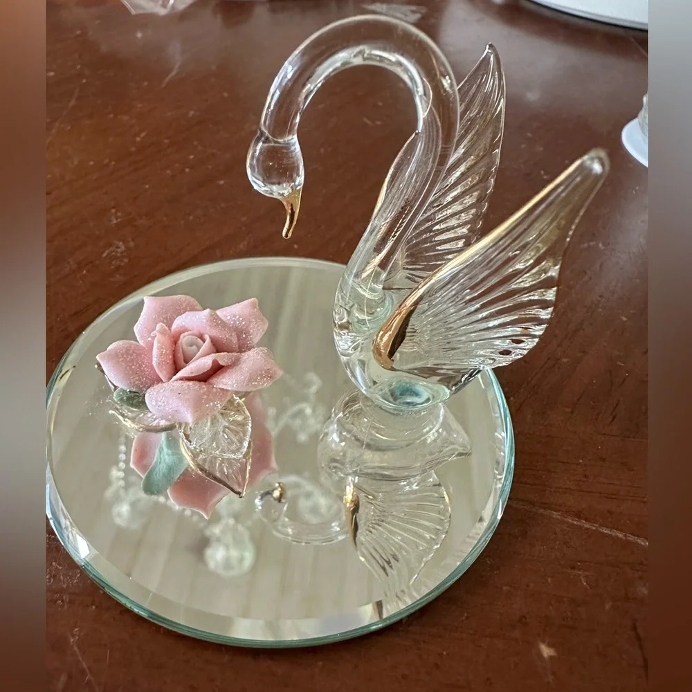 Crystal swan and pink porcelain rose tchotchke trinket